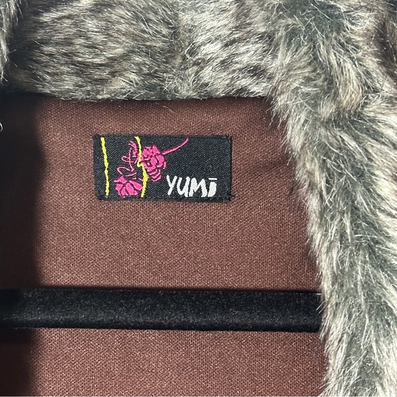 Yumi Red and Cream Patterned Cardigan with Faux Fur Trim and Faux Leather Button - Picture 9 of 13